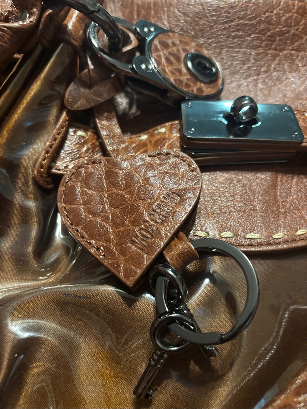 Vintage Moschino Brown Leather Women’s Clear Accent Satchel Shoulder Bag - Picture 9 of 9